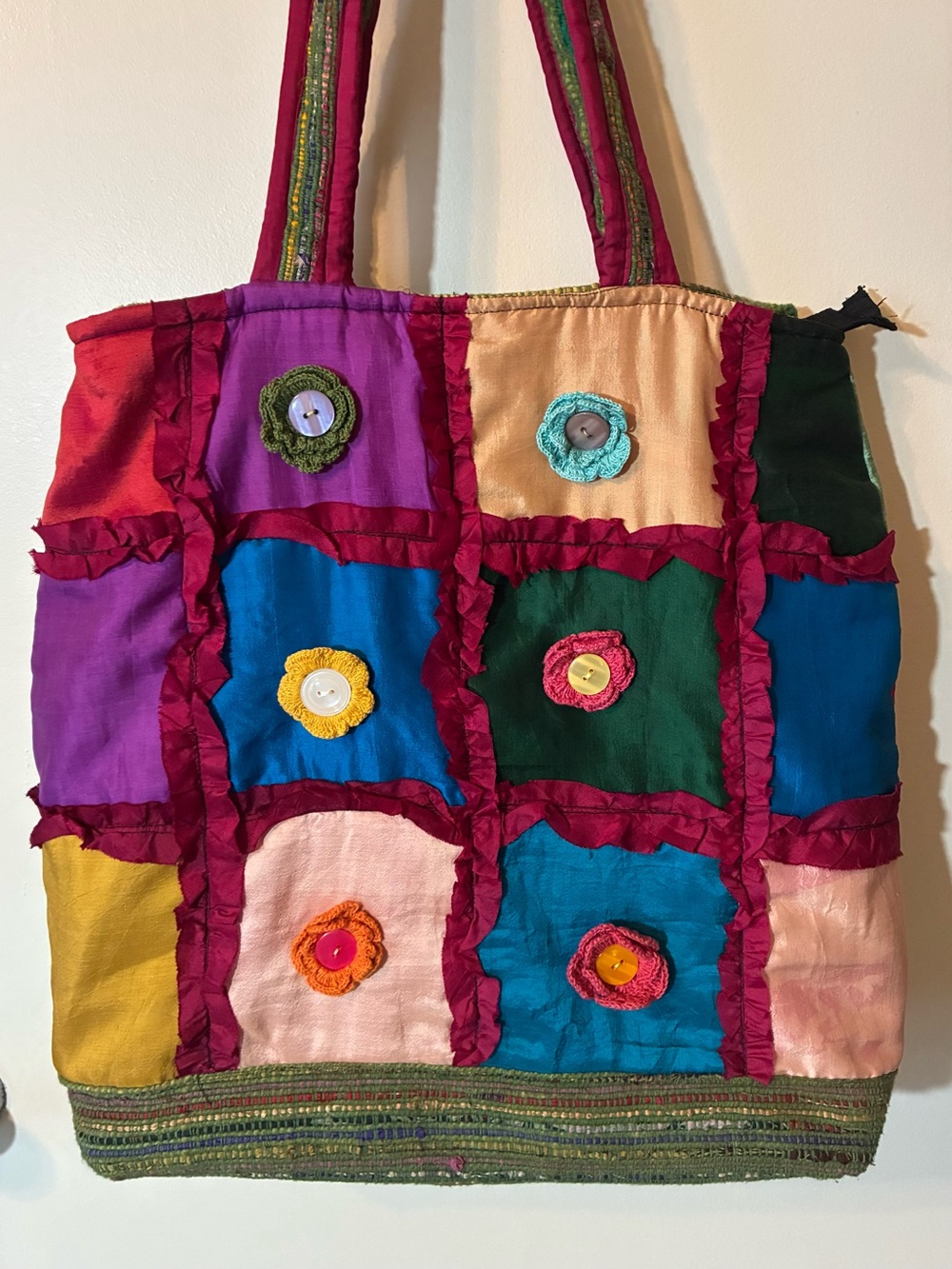 Fleurs Large Silk Boho Patchwork Knit Floral Tote Sari Bag India Vintage Y2K
